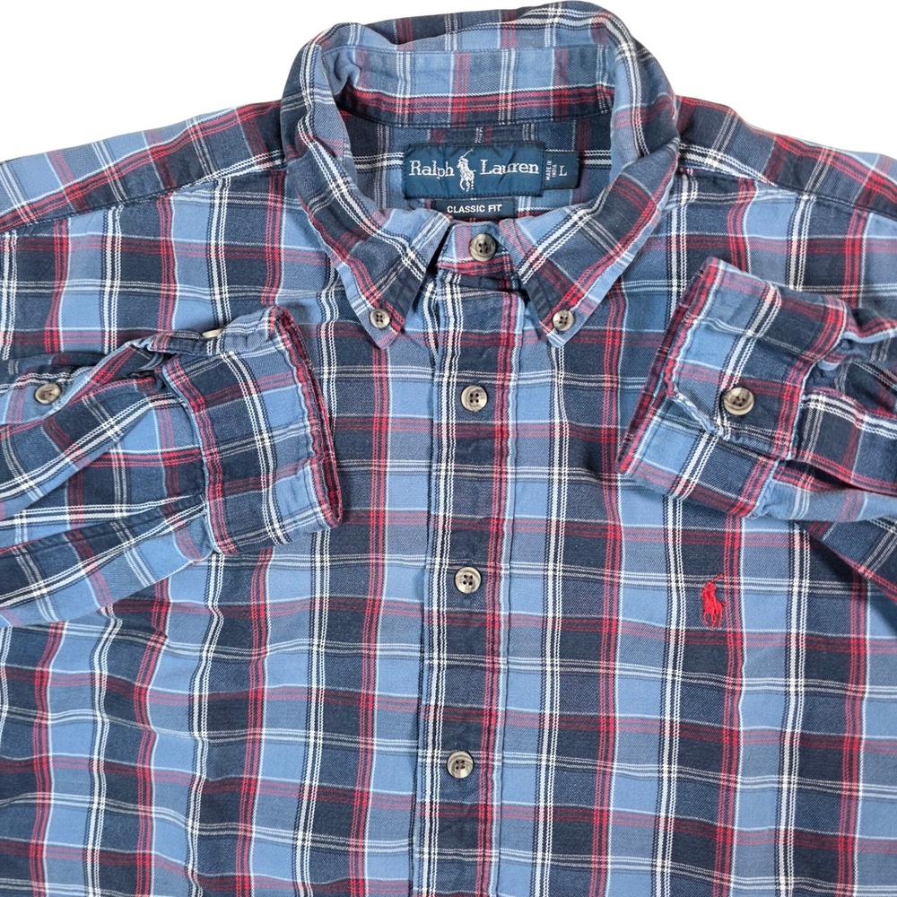 Ralph Lauren Button Down Shirt Mens L‎ Blue Red Plaid Classic Fit Cotton